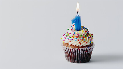 Birthday cupcake with burning candle in the shape of number 1. white background 