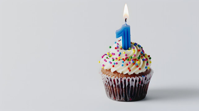 Birthday cupcake with burning candle in the shape of number 1. white background 