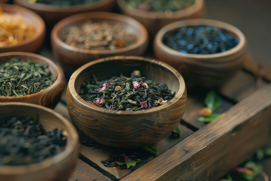 Various kinds of dry tea leaves in wooden bowls.