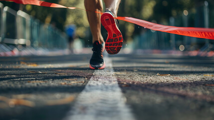 Athlete in red and black outfit sprinting across the finish line in dynamic motion.