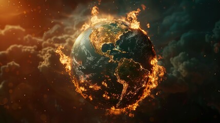Earth globe engulfed in flames, America consumed by fire. Conceptual illustration of global warming, rising temperatures, extreme heat, and climate change disaster.