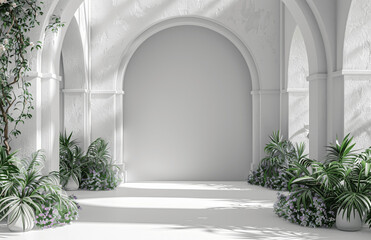 Fototapeta premium Elegant White Archway with Lush Green Plants and Soft Natural Light - Ideal for Architectural Photography, Interior Design, and Tranquil Garden Spaces