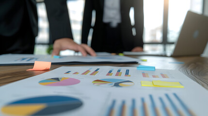 Fototapeta premium business people working together on marketing plan with graphs and charts. laptop computer in foreground with colorful sticky notes spread out across desk surface 