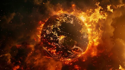 Fototapeta premium Earth globe engulfed in flames, America consumed by fire. Conceptual illustration of global warming, rising temperatures, extreme heat, and climate change disaster.