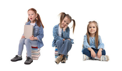 Group of different adorable children on white background