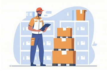 efficient warehouse worker checking inventory with clipboard industrial concept illustration