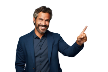 Positive confident middle aged smiling man, transparent background PNG, pointing finger showing idea