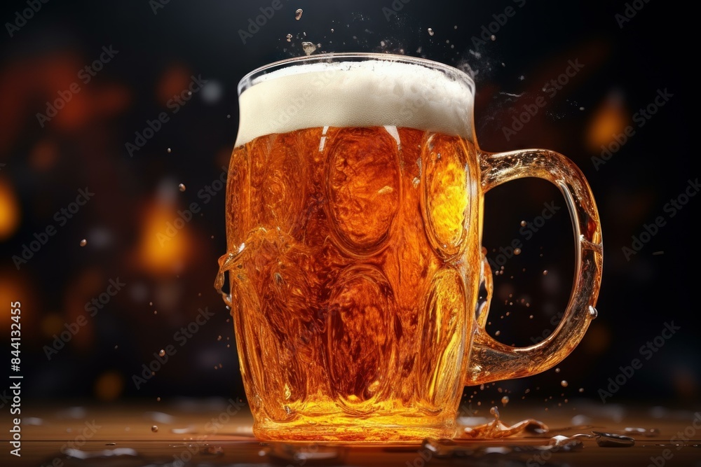 Poster close-up of beer splashing out of a mug with a dynamic froth over a warm, blurred background