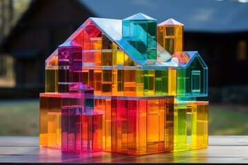 Transparent acrylic blocks in various colors forming house shapes, with a natural backdrop