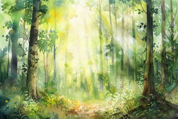 enchanted forest with lush greenery and magical sunbeams watercolor painting