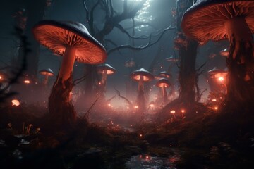 Mysterious landscape with luminescent mushrooms and misty forest ambiance