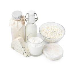 Different fresh dairy products isolated on white