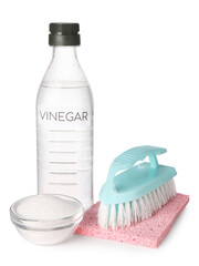 Eco friendly natural cleaners. Vinegar in bottle, sponge, brush and bowl of soda isolated on white