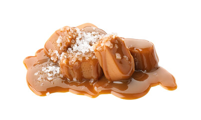 Yummy candies with caramel sauce and sea salt isolated on white