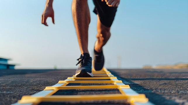 Person gracefully performing agility ladder drills in a peaceful outdoor setting with lush greenery.