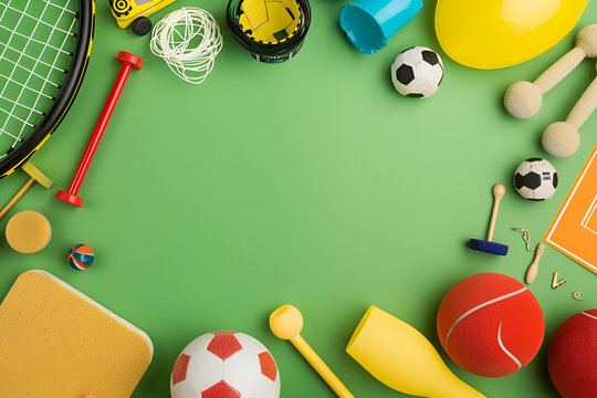 Sports equipment arranged in a circle on green background