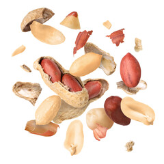 Peanuts and crushed pods in air on white background