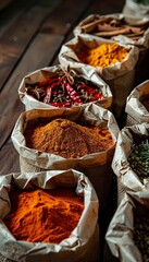 Various dry spices are arranged in open paper bags on a rustic wooden table. The spices include turmeric, paprika, and cinnamon. Generative AI