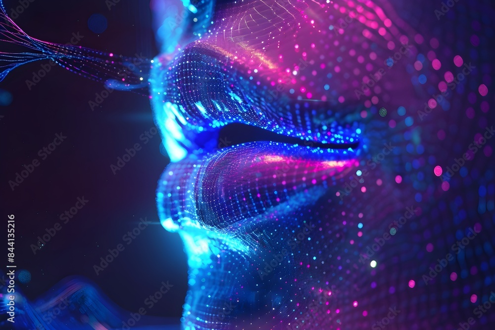 Wall mural a woman's face is shown in a computer generated image with a blue and purple color scheme. the image