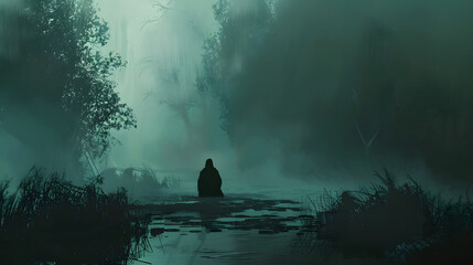 Mysterious silhouette standing amidst foggy wetland, creating an eerie and haunting atmosphere in the swamp.