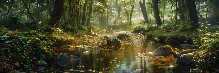 Peaceful forest stream with dappled sunlight and thriving wildlife - nature's serene beauty captured