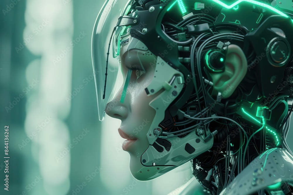 Poster futuristic female cyborg with ai brain and electronic wiring 3d illustration