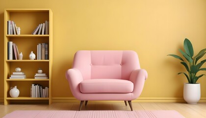 A cozy blue armchair is positioned in front of a bold yellow wall, complemented by a stylish bookshelf filled with decorative items.