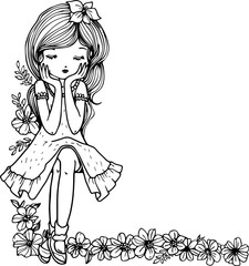 Girl with flower border sketch