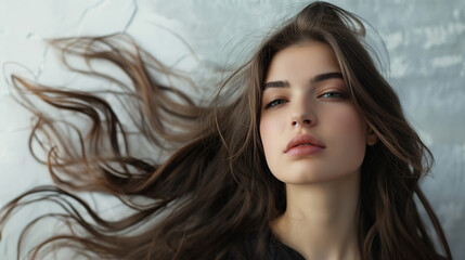 Naklejka premium Beautiful Woman with Long, Flowing Brown Hair Isolated Against White Stone Background, Hyper-Realistic and Extremely Detailed. Focused on Hair, Perfect for Shampoo Ad, Showcasing Shine and Health.