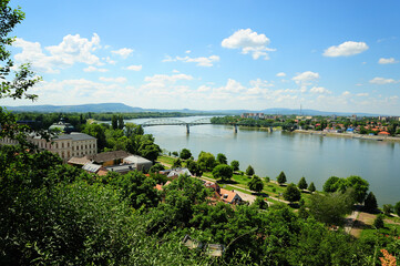 A view of Esztergom, Hungary, with Štúrovo, Slovakia visible on the other side of the Danube River