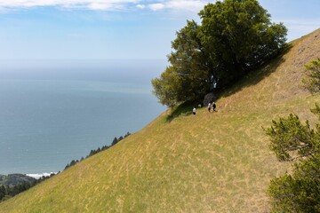 Hikers on a trail on the ridge of Mt Tamalpais, San Francisco, California, USA.