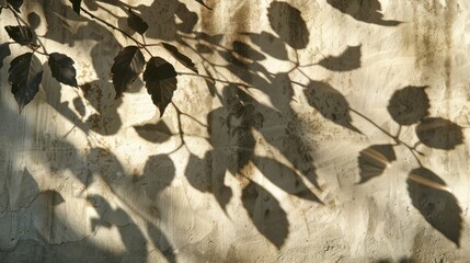 Leaf shadows on the cement wall background.
