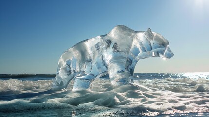 Fototapeta premium Drowning ice sculpture: An ice sculpture of an animal (such as a polar bear) gradually melting in the hot sun, symbolizing global warming and melting glaciers.