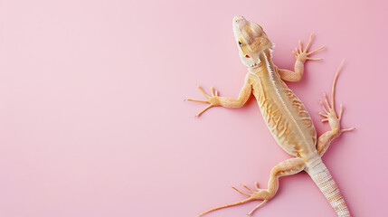 Obraz premium beige lizard posing on a soft pink background, with copy space for text