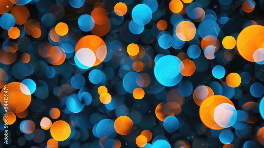 Poster abstract glowing orange and blue bubbles floating in dark space, 3d rendering aig535
