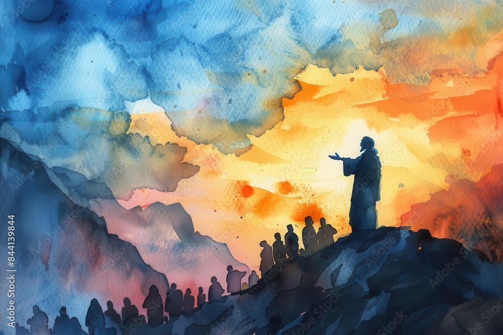 Wall mural jesus preaching on mountain silhouette watercolor painting biblical scene illustration