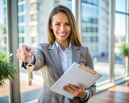 Real estate broker happy to have sold another apartment, handing over the keys to the new house to the new owners