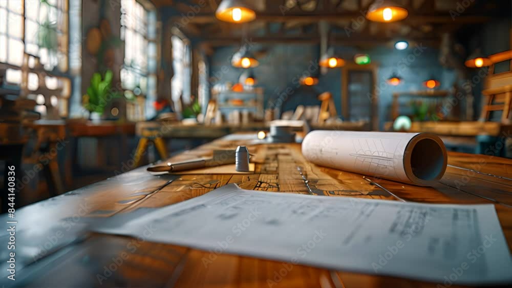 Poster drawings and tools on a panoramic construction site, highlighting intricate details with realistic l