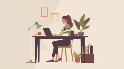 Fototapeta premium Woman Working Remotely from Home Office with Indoor Plants and Modern Desk Setup. Work from home concept.