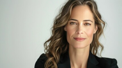 Fototapeta premium Businesswoman in black blazer posing with long wavy hair for camera in professional portrait shot