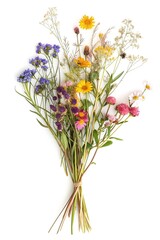 Bouquet of spring wildflowers isolated on white background