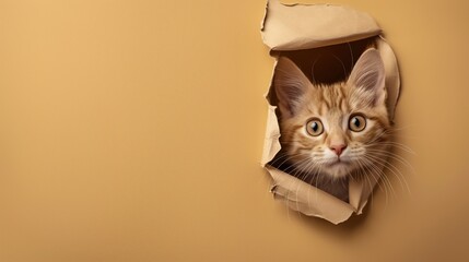 Cute cat peeks through the hole in the paper wall.