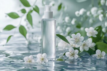 Cosmetic bottle with spring blossom on water background, closeup