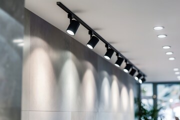 Lighting equipment on the wall in the living room. Spotlights under the ceiling. Track LED-lighting system
