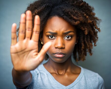 person, Young African American woman making hand stop denial gesture, saying no violence, abuse, abortion, showing palm, expressing prohibition, refusal, fighting against discrimination, bullying. Clo