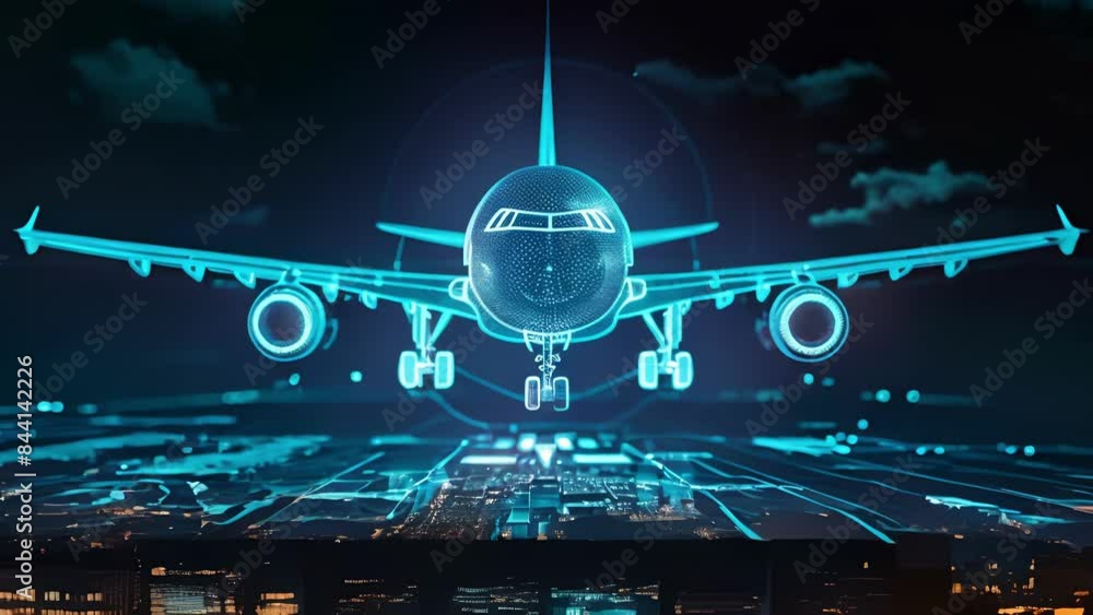 Poster a holographic display of a plane in midflight with detailed information about its fuel levels and pr