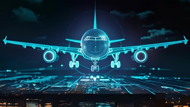 A holographic display of a plane in midflight with detailed information about its fuel levels and projected arrival time.