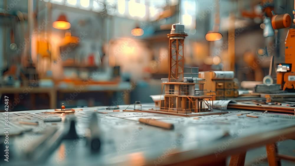Poster drawings and tools on a panoramic construction site, highlighting intricate details with realistic l