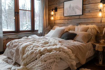 A bedroom with a plush bed fluffy pillows and a cozy