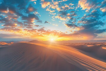 majestic sahara desert panorama at sunset golden sand dunes travel and adventure panoramic banner
